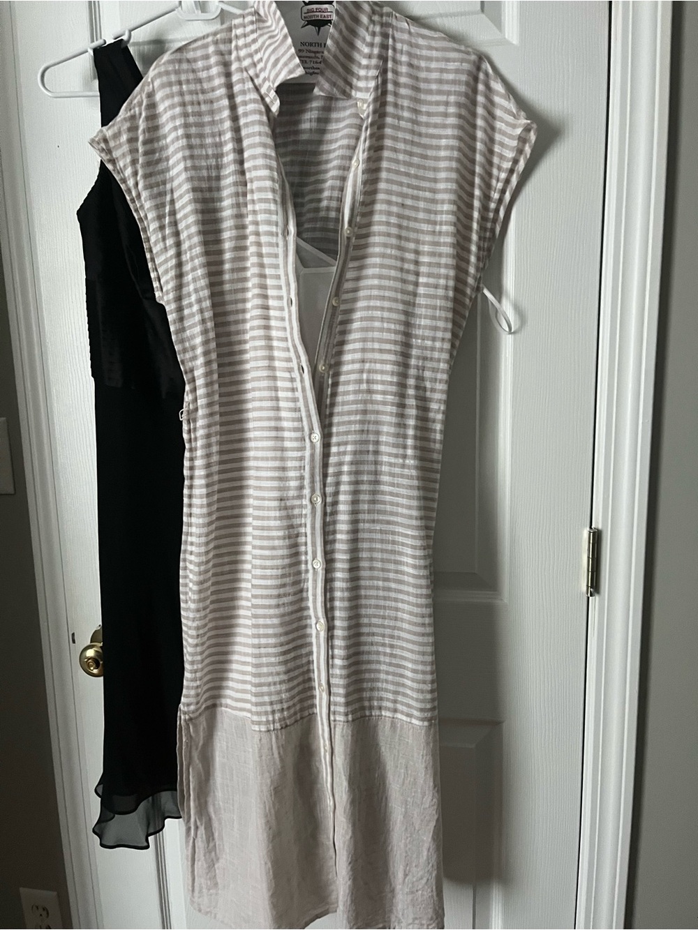 Lucky Brand Striped Midi Shirt Dress in Light Taupe and White